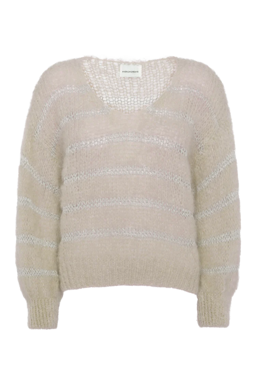 Americandreams AD1018 Katie V Neck Sweater Beige with silver stripe