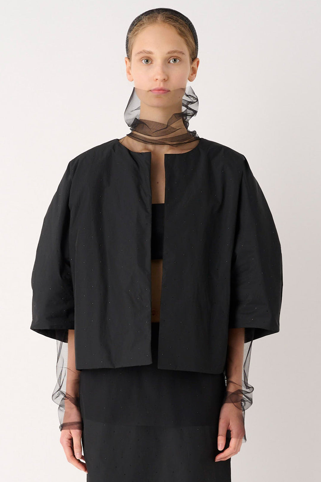 MeiMeij black sparkle jacket with three quarter sleeves at Lonah Boutique in Westbourne