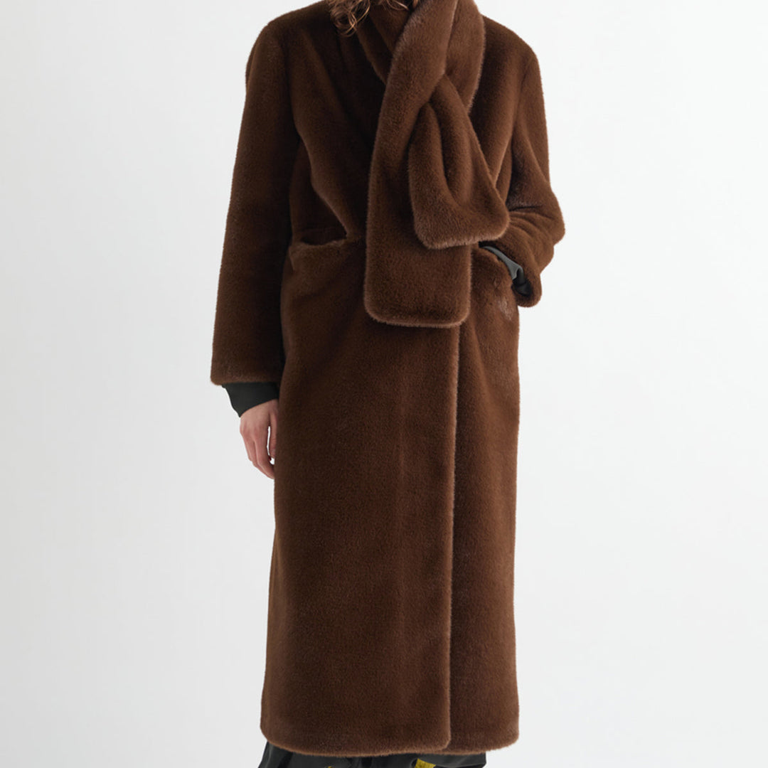 MeiMeij moka brown faux fur coat at Lonah Boutique in Westbourne