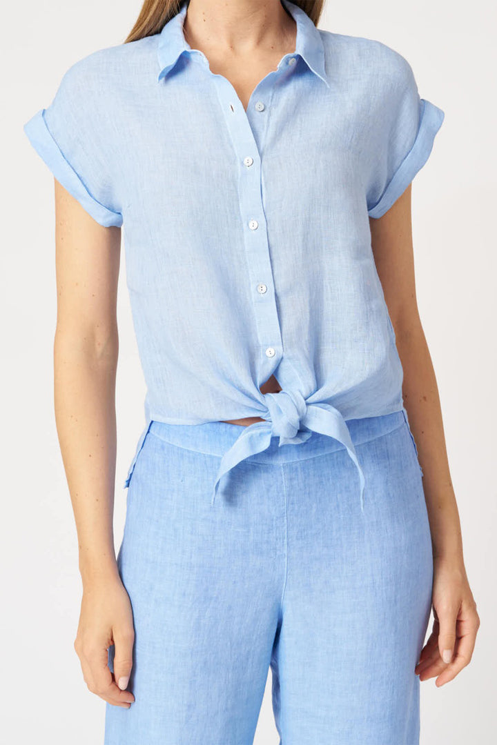 120% Lino 33ALIW1PKZ Blue Cap Sleeve Tie-Front Linen Shirt