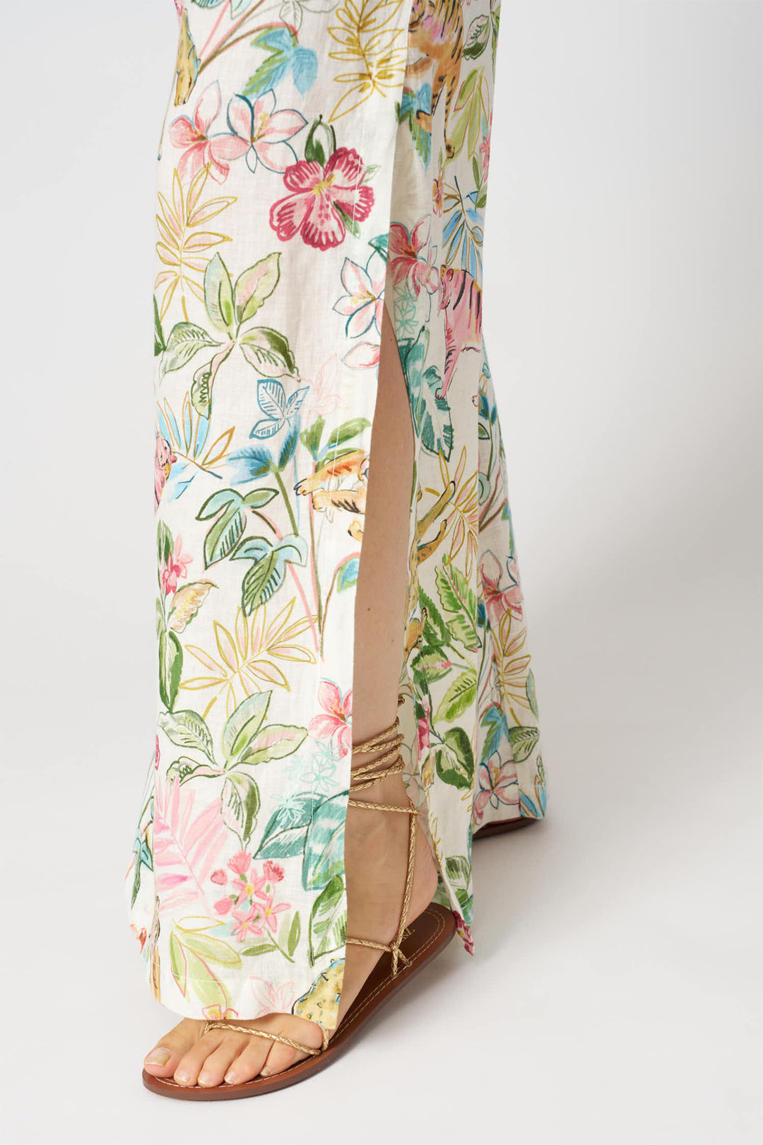 120% Lino 33ALIW29RN Cream Tropical Print Split Hem Linen Trousers
