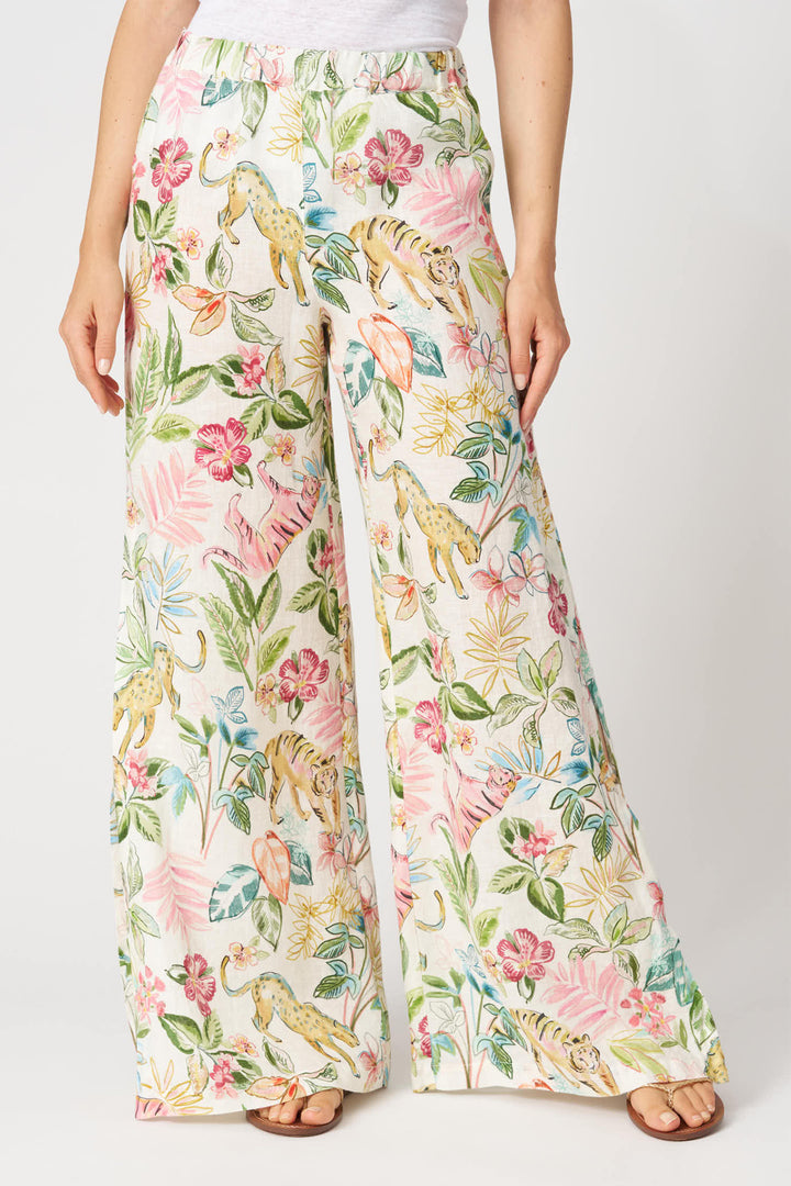 120% Lino 33ALIW29RN Cream Tropical Print Split Hem Linen Trousers
