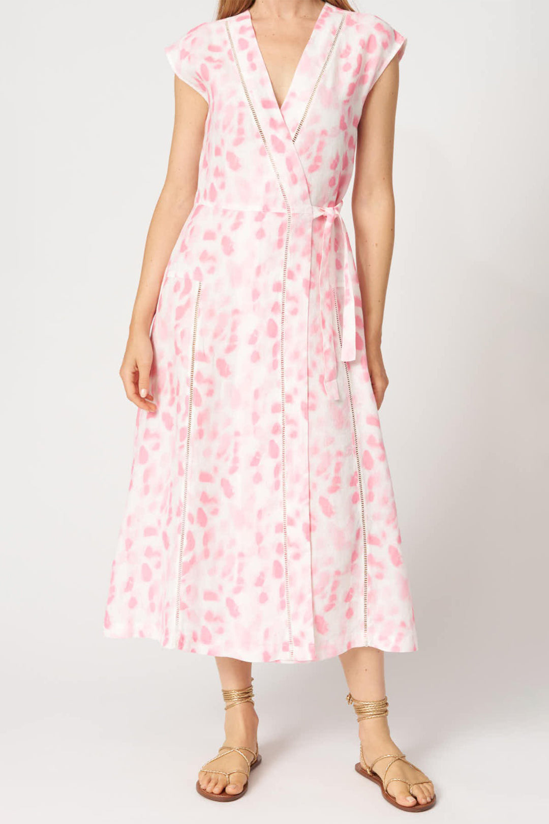 120% Lino 33ALIW4PKK Pink Print Linen Midi Wrap Dress Lonah 120% Lino 33ALIW4PKK Pink Print Linen Midi Wrap Dress Lonah