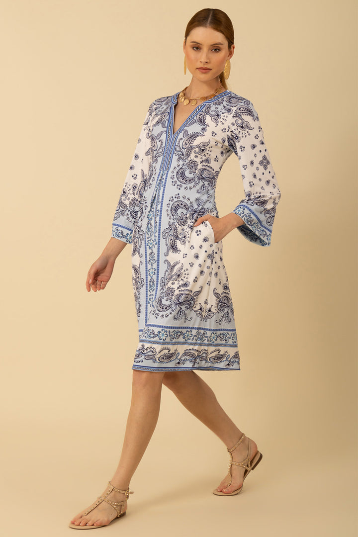 Hale Bob Dress Blue Paisley Print Split Neck 51NU650D - Lonah Boutique Westbourne