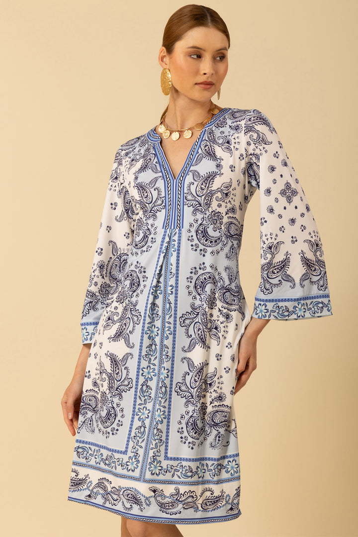 Hale Bob Dress Blue Paisley Print Split Neck 51NU650D - Lonah Boutique Westbourne