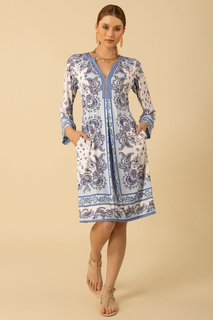 Hale Bob Dress Blue Paisley Print Split Neck 51NU650D - Lonah Boutique Westbourne