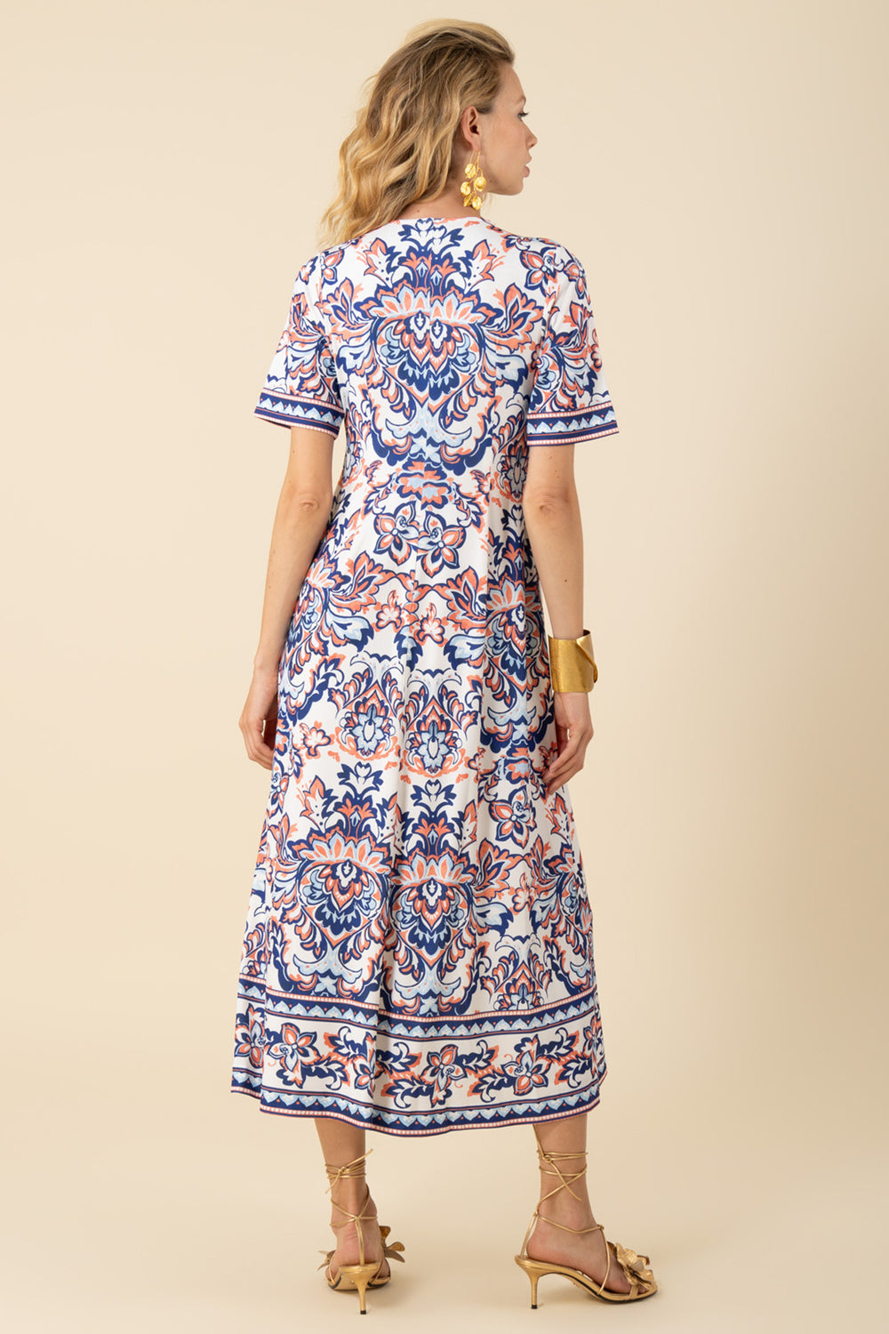 Hale Bob Dress Navy Orange Print Midi Length 51FT642M - Lonah Boutique Westbourne
