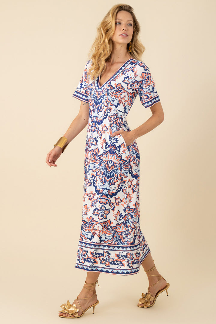 Hale Bob Dress Navy Orange Print Midi Length 51FT642M - Lonah Boutique Westbourne