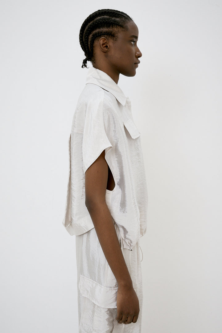 Meimeij Shirt Short Sleeve Drawstring Hem Oyster Cream M5EK00 - Lonah Boutique Westbourne