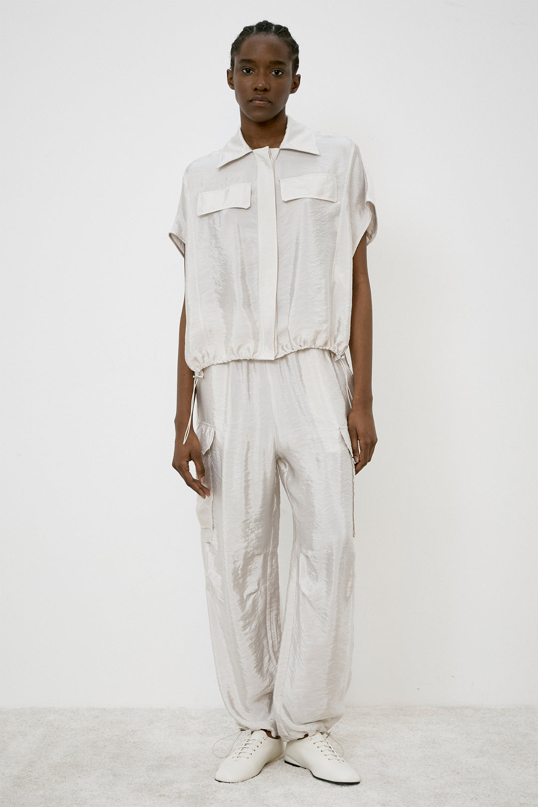 Meimeij Shirt Short Sleeve Drawstring Hem Oyster Cream M5EK00 - Lonah Boutique Westbourne