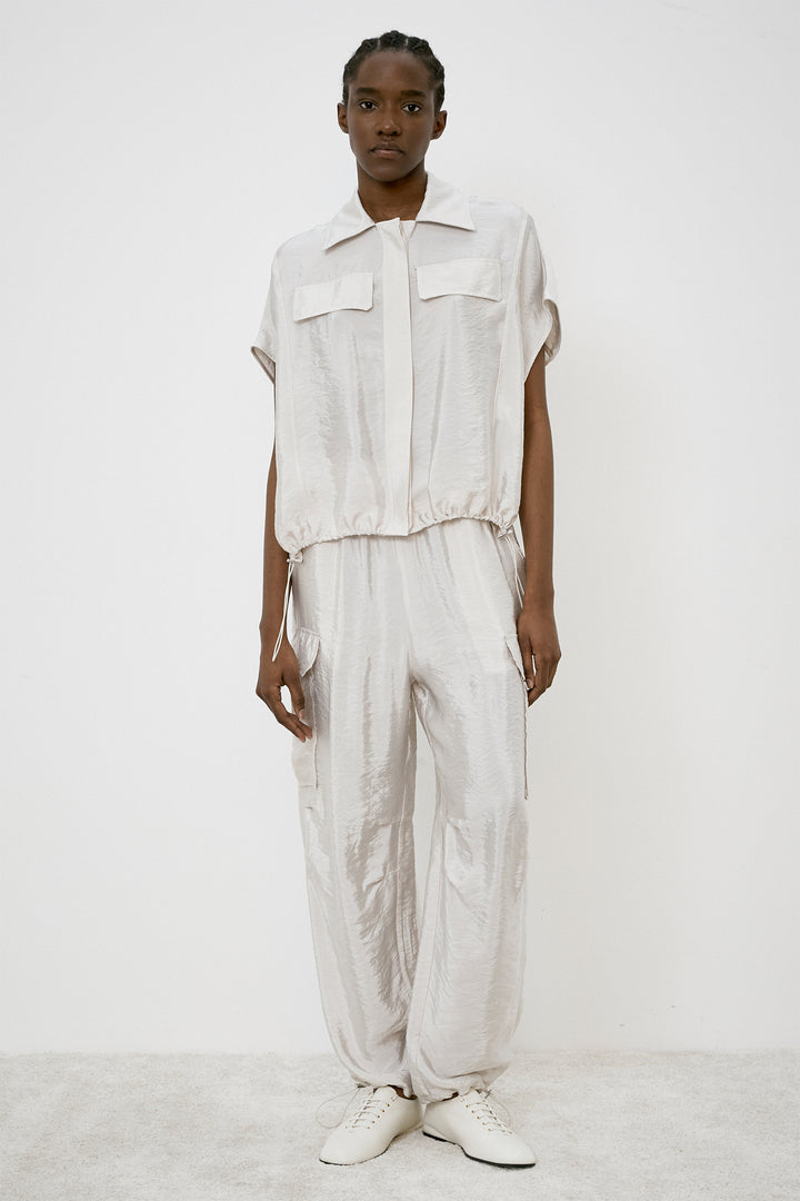 Meimeij Shirt Short Sleeve Drawstring Hem Oyster Cream M5EK00 - Lonah Boutique Westbourne