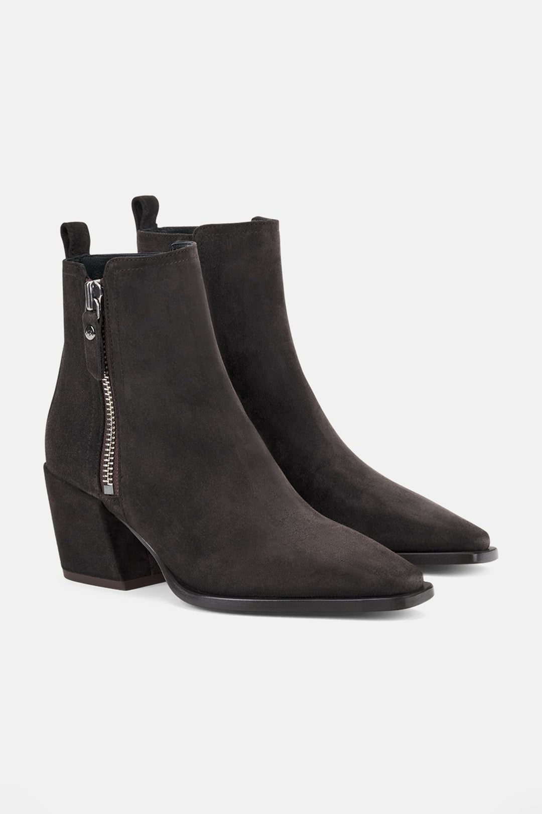 Pair of brown suede ankle boots with zipper on a white background