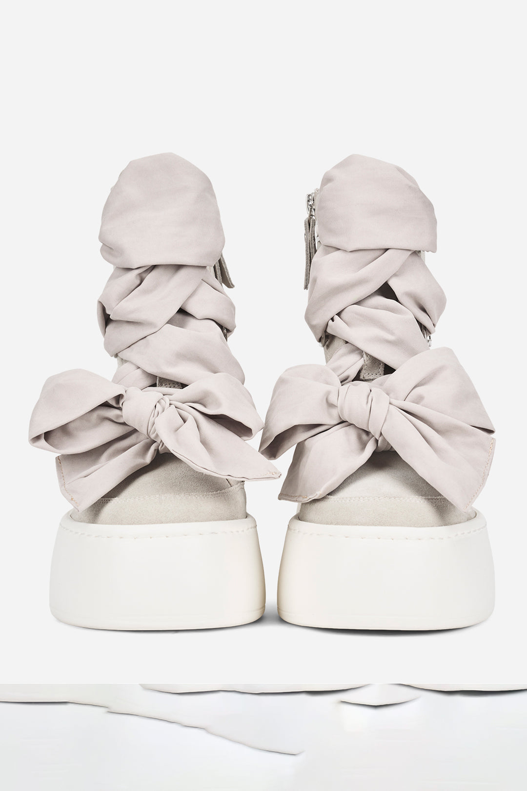 AGL Fergus Gesso Light Grey Suede Platform Ankle Boots D946515PJFERGU0119, front view of the bow lacing