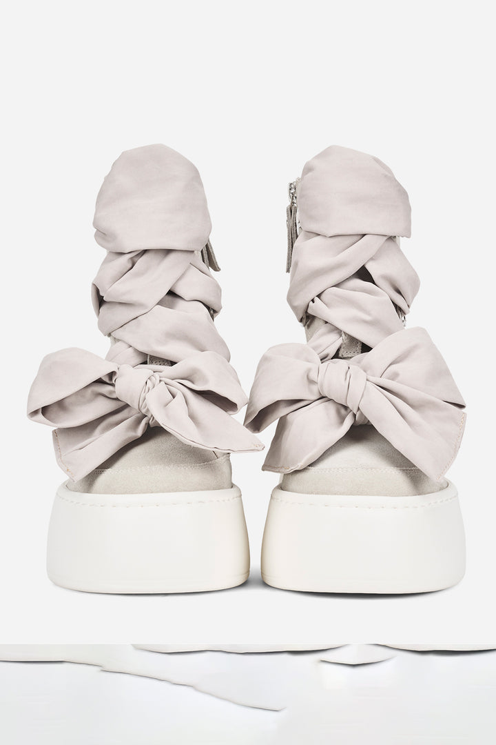 AGL Fergus Gesso Light Grey Suede Platform Ankle Boots D946515PJFERGU0119, front view of the bow lacing