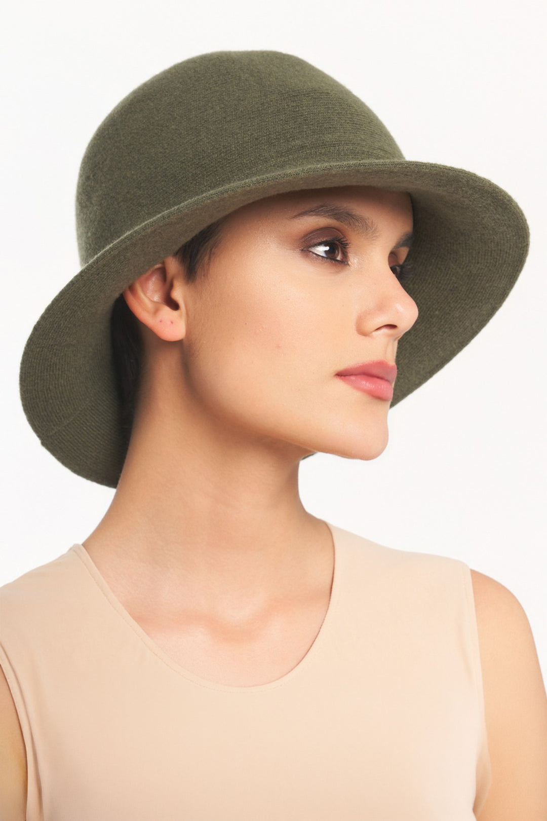 AGL Liza Capper Olive Green Wool Bucket Hat ABLIZABUC000090445, worn on model