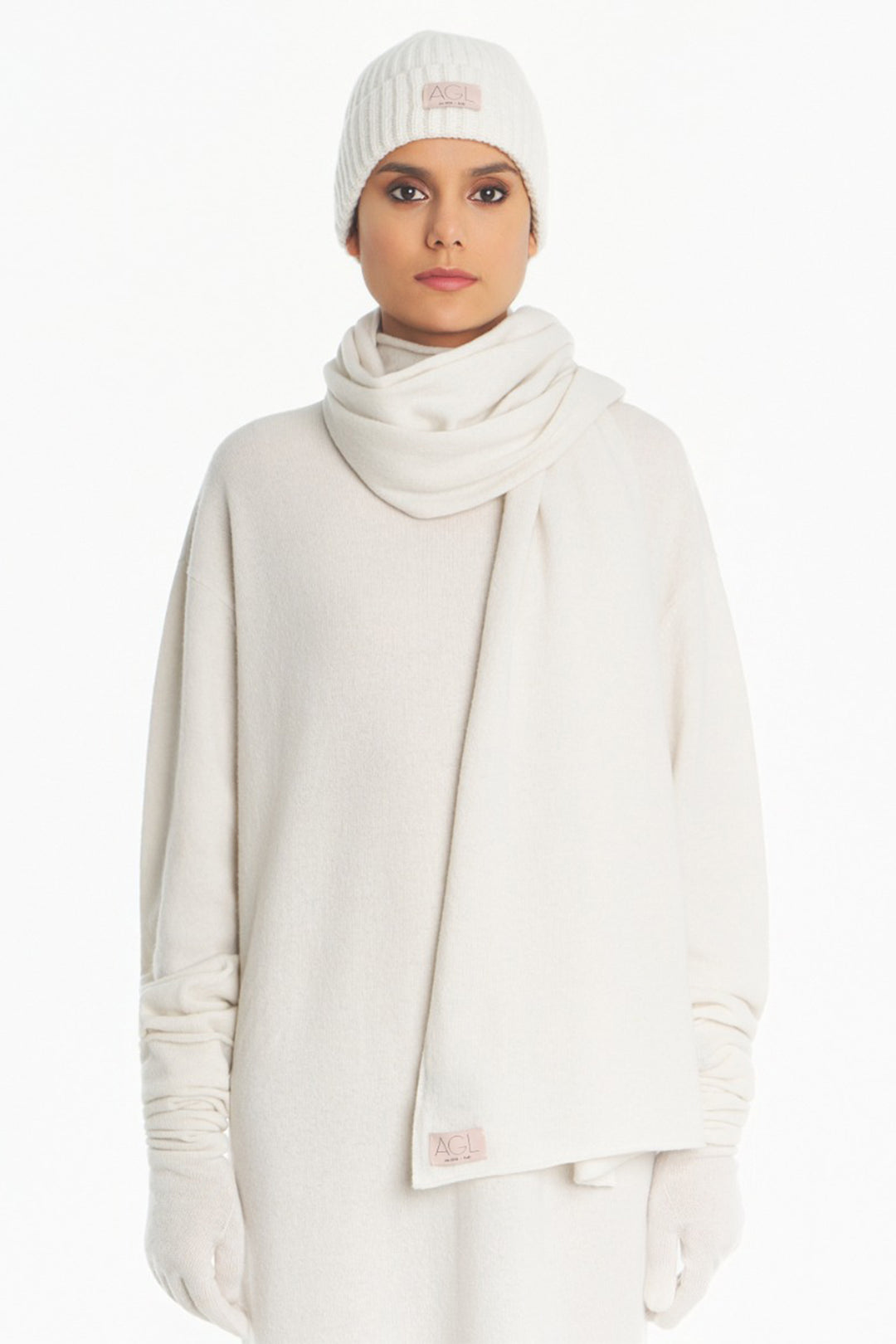 AGL Liza Gesso Cream Wool Scarf ASLIZASCA000090119, styled on model