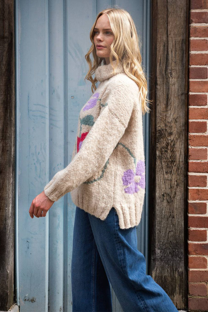 Amano Jumper Posy Pullover Natural Multicoloured Flowers AW2481-2 - Lonah Boutique