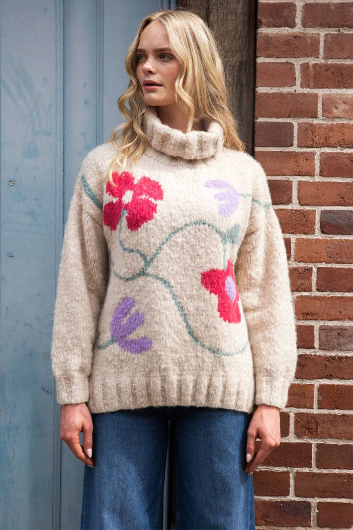 Amano Jumper Posy Pullover Natural Multicoloured Flowers AW2481-2 - Lonah Boutique