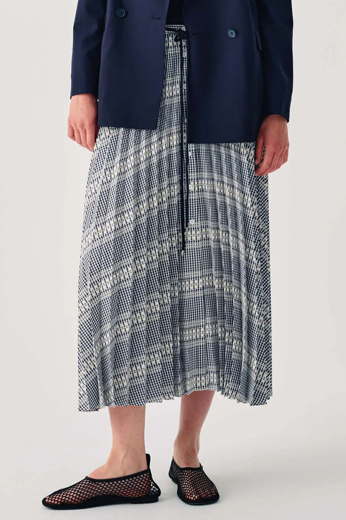 Beatrice B 26FE5985KOS Navy Blue Print Pleated Midi Skirt
