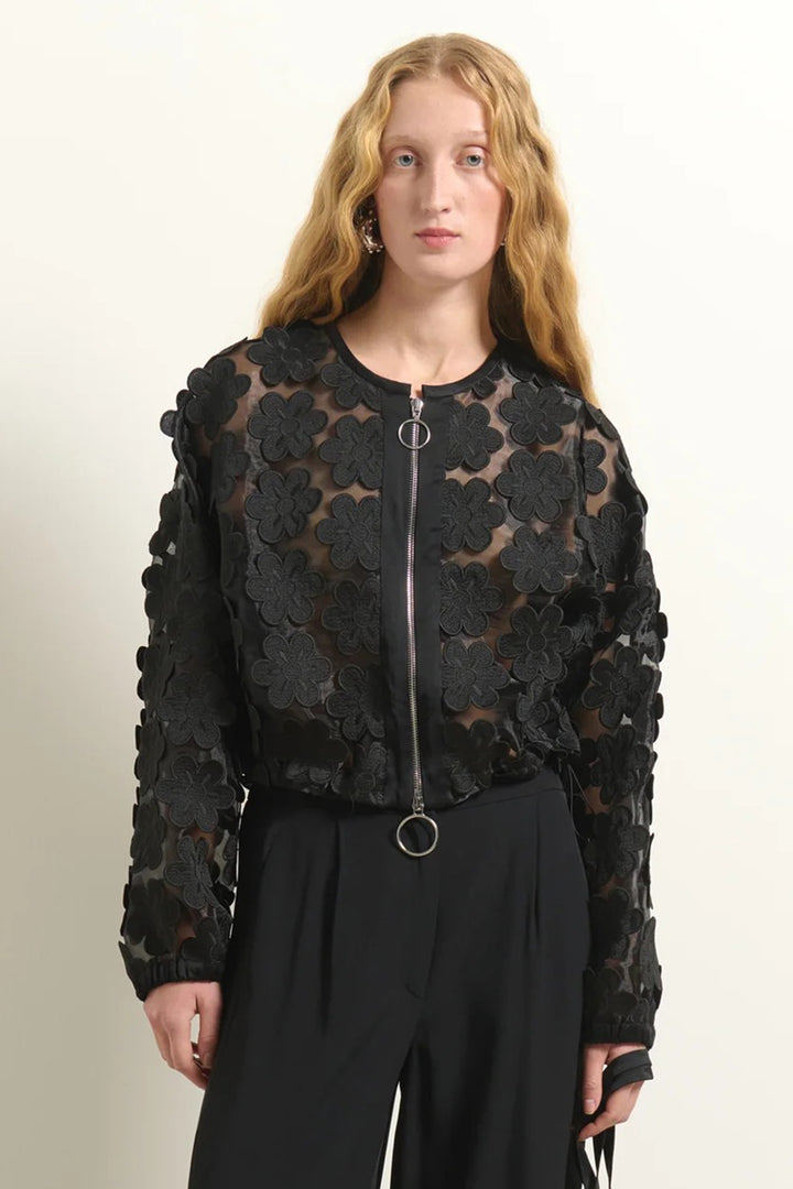 Beatrice B Black Zip Front Sheer Flower Jacket 3061, front view on model