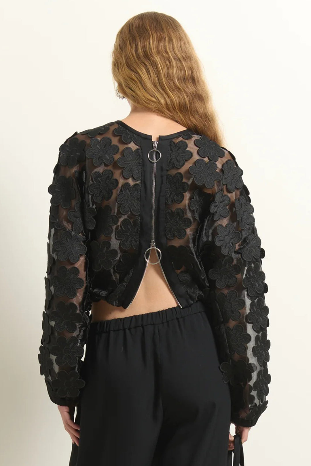 Beatrice B Black Zip Front Sheer Flower Jacket 3061, back view showing the open back and zip
