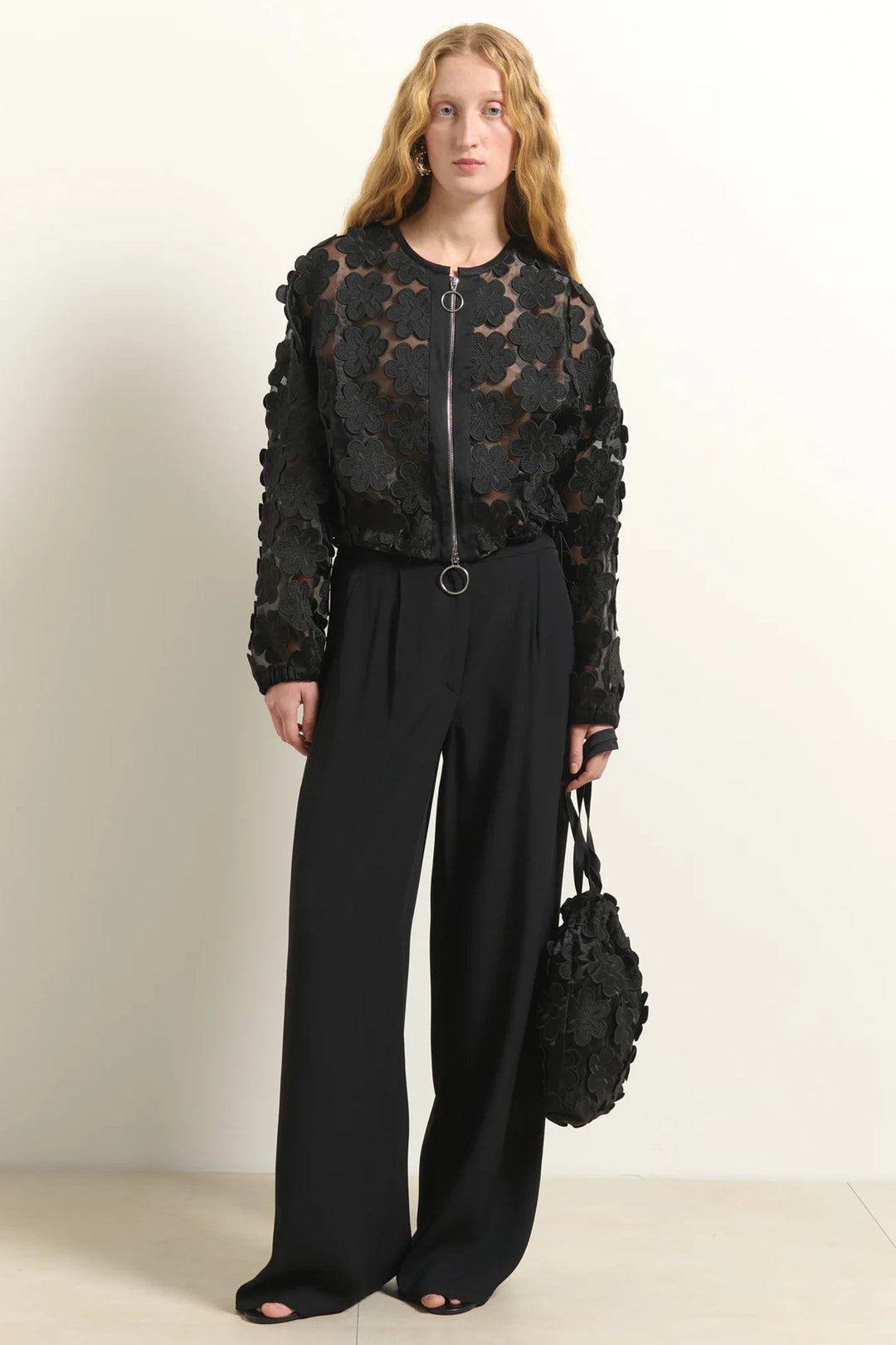 Beatrice B Black Zip Front Sheer Flower Jacket 3061, full length front view styled with black wide leg trousers