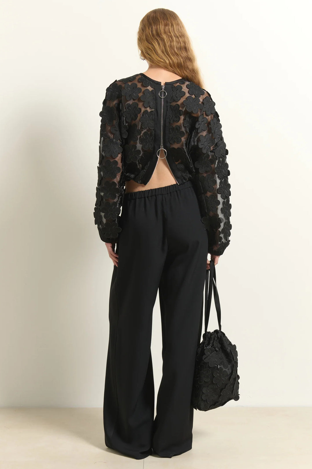 Beatrice B Black Zip Front Sheer Flower Jacket 3061, full length back view showing the open back