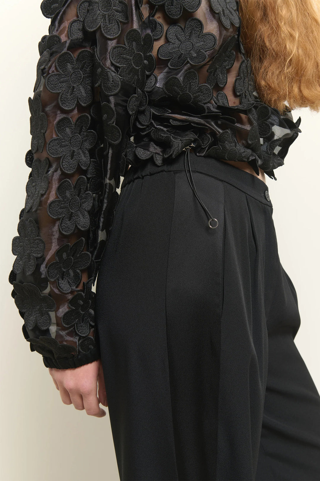 Beatrice B Black Zip Front Sheer Flower Jacket 3061, close detail of the floral appliqué sleeve