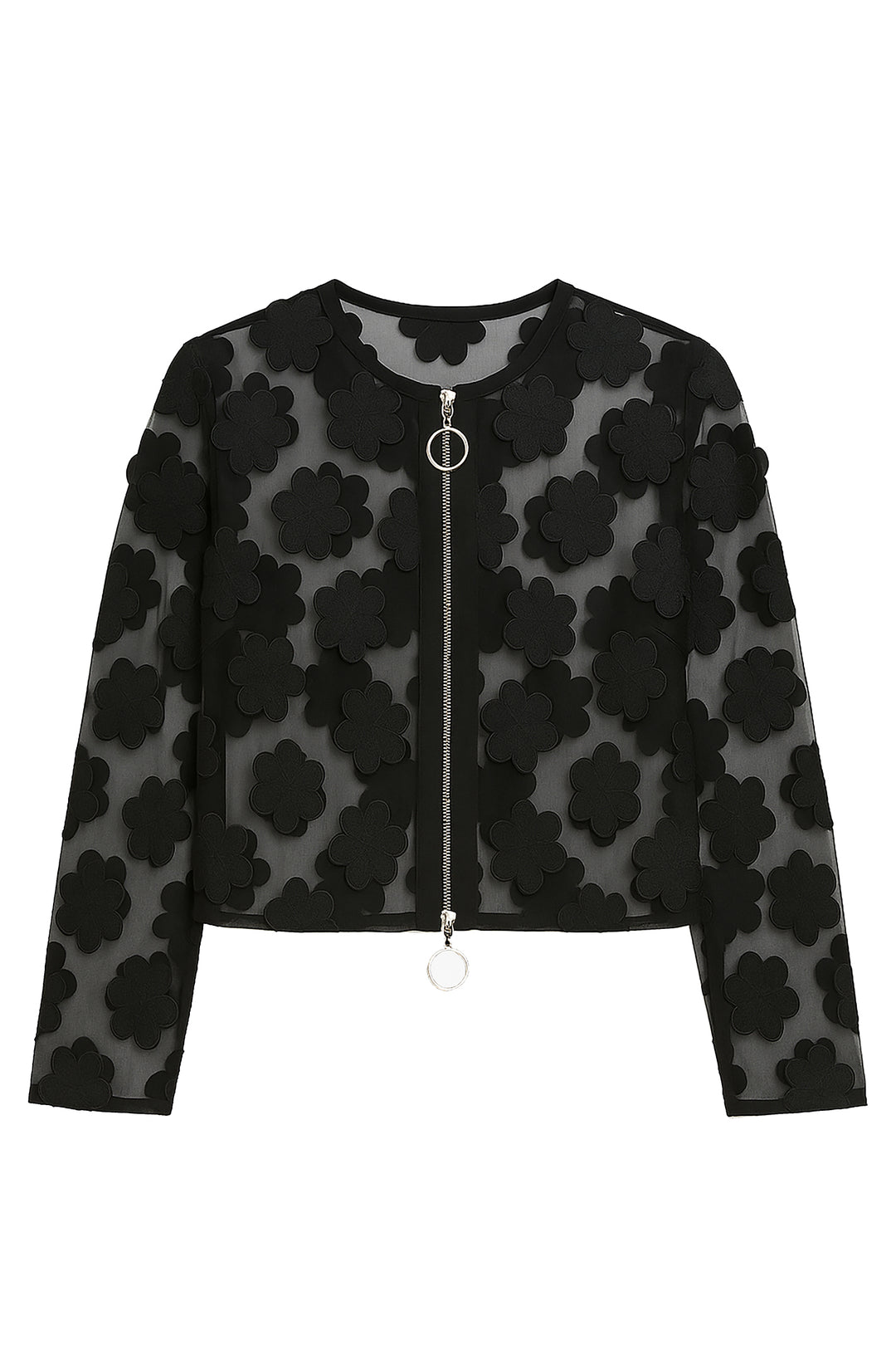 Beatrice B Black Zip Front Sheer Flower Jacket 3061, front packshot