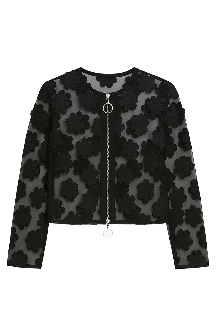 Beatrice B Black Zip Front Sheer Flower Jacket 3061, front packshot