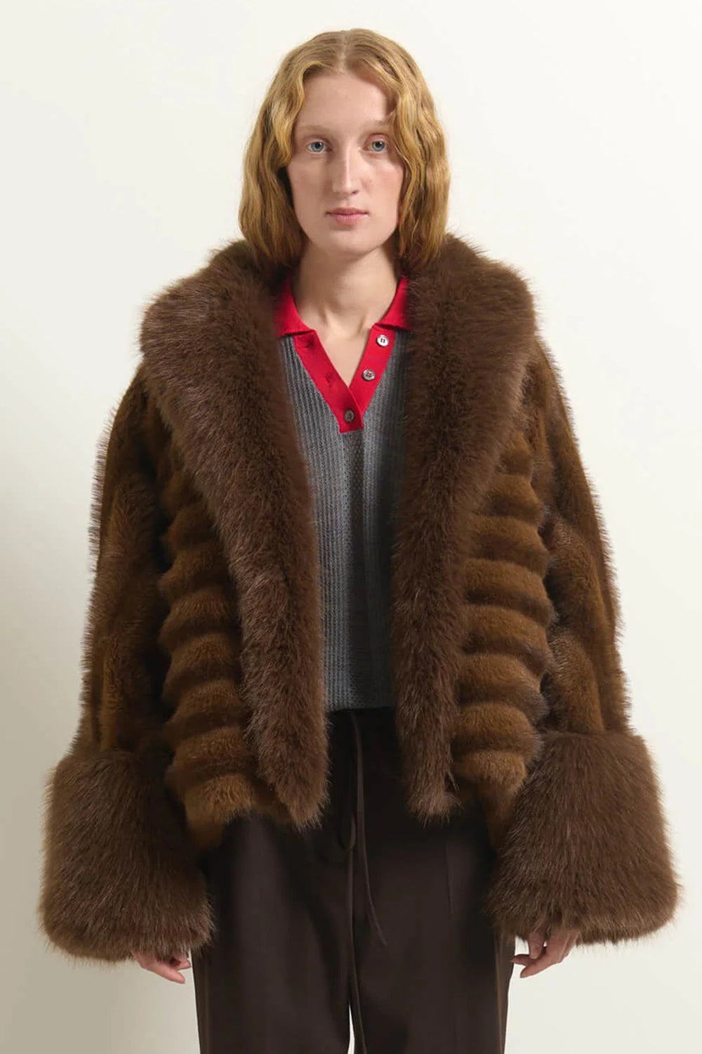 Beatrice B Brown Faux Fur Shawl Collar Jacket 2672, front view showing the deep shawl collar and cuffs
