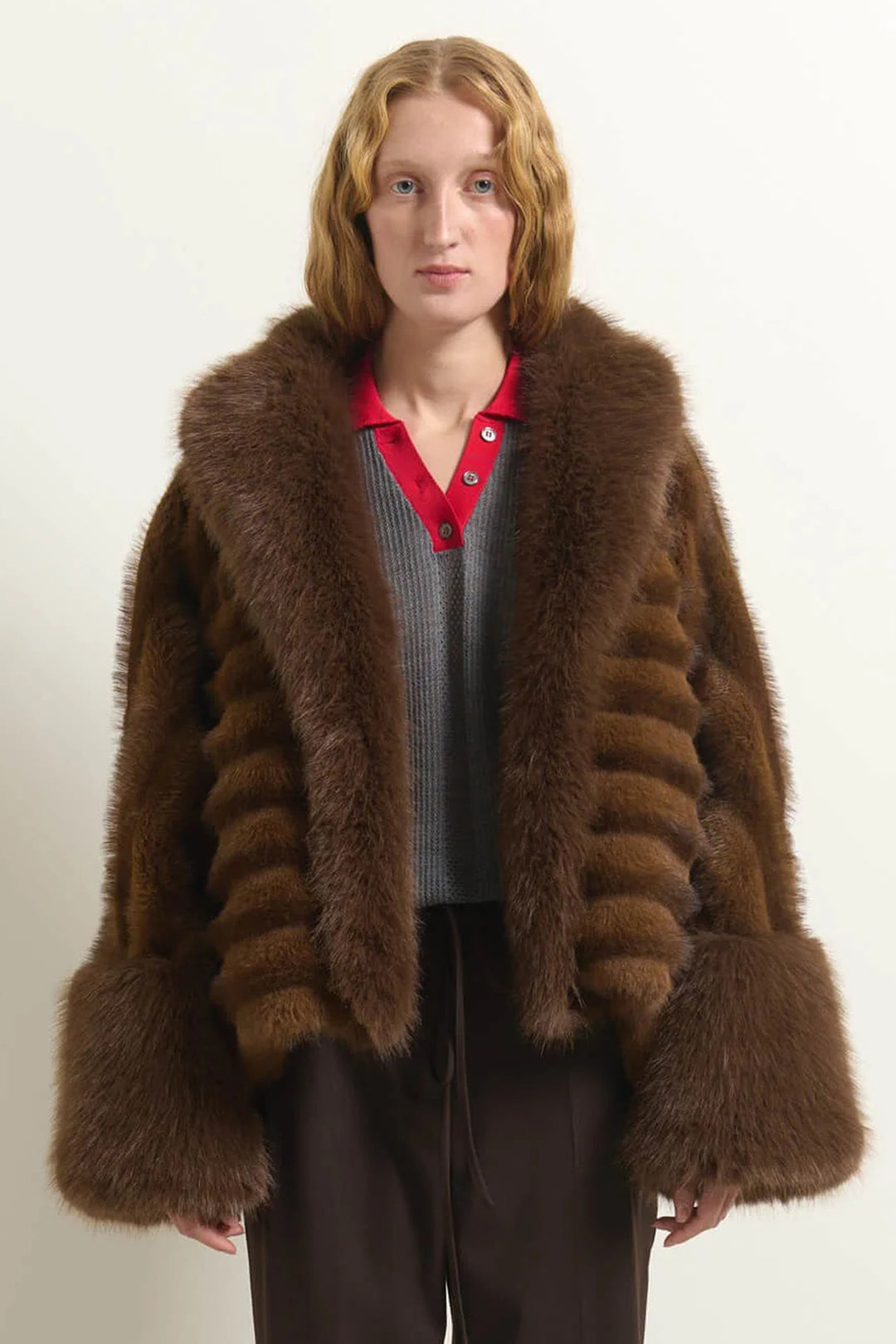 Beatrice B Brown Faux Fur Shawl Collar Jacket 2672, front view showing the deep shawl collar and cuffs