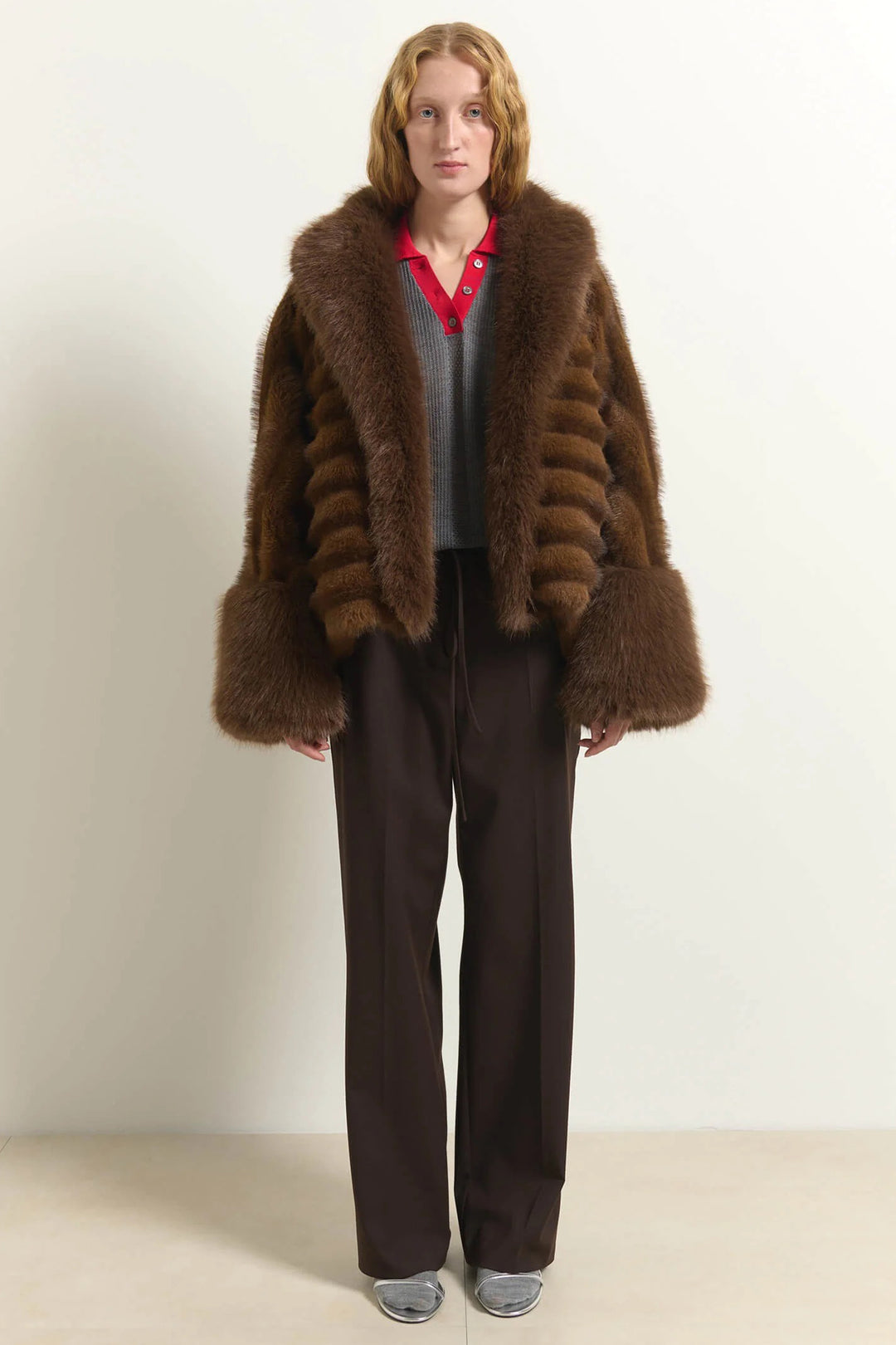 Beatrice B Brown Faux Fur Shawl Collar Jacket 2672, full length front view worn open over brown trousers