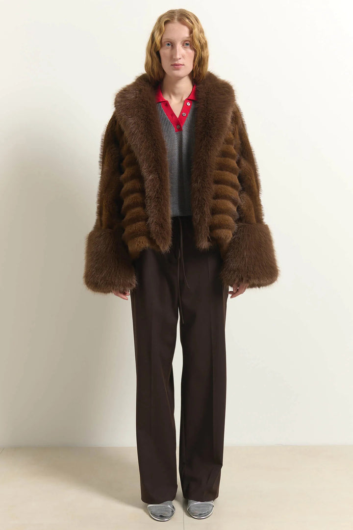 Beatrice B Brown Faux Fur Shawl Collar Jacket 2672, full length front view worn open over brown trousers
