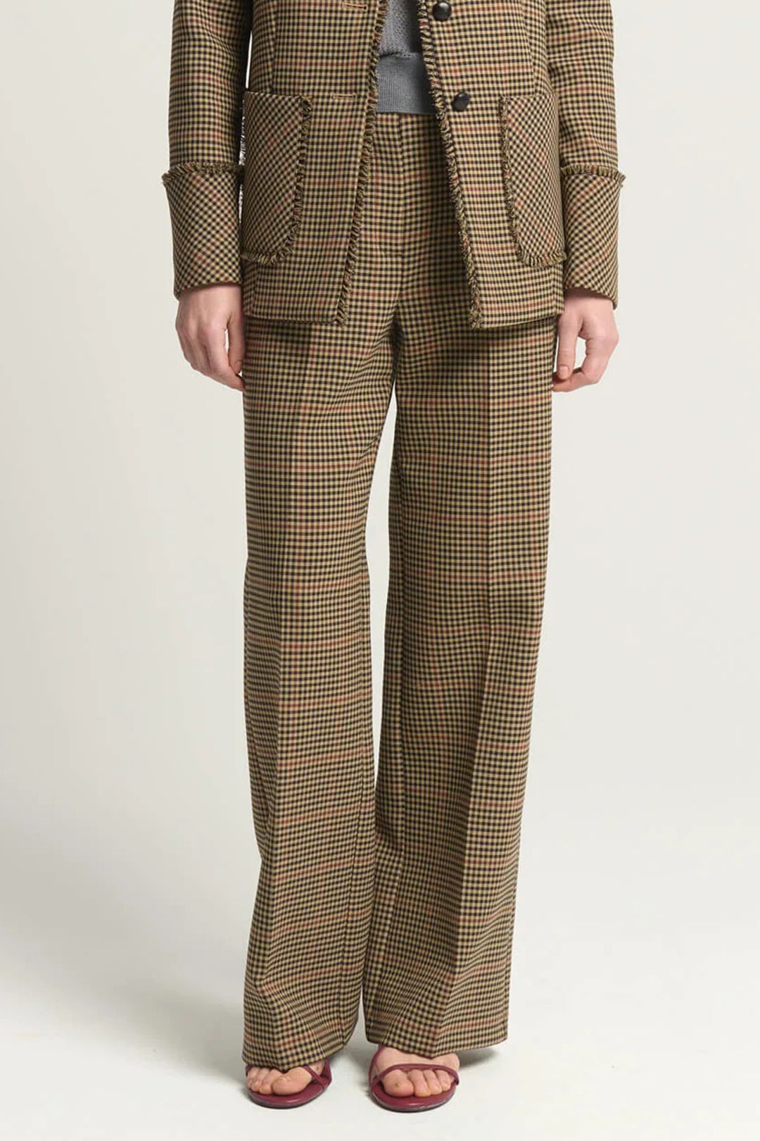 Beatrice B Brown Plaid Check Trousers 1158, front view showing the houndstooth check and pressed crease