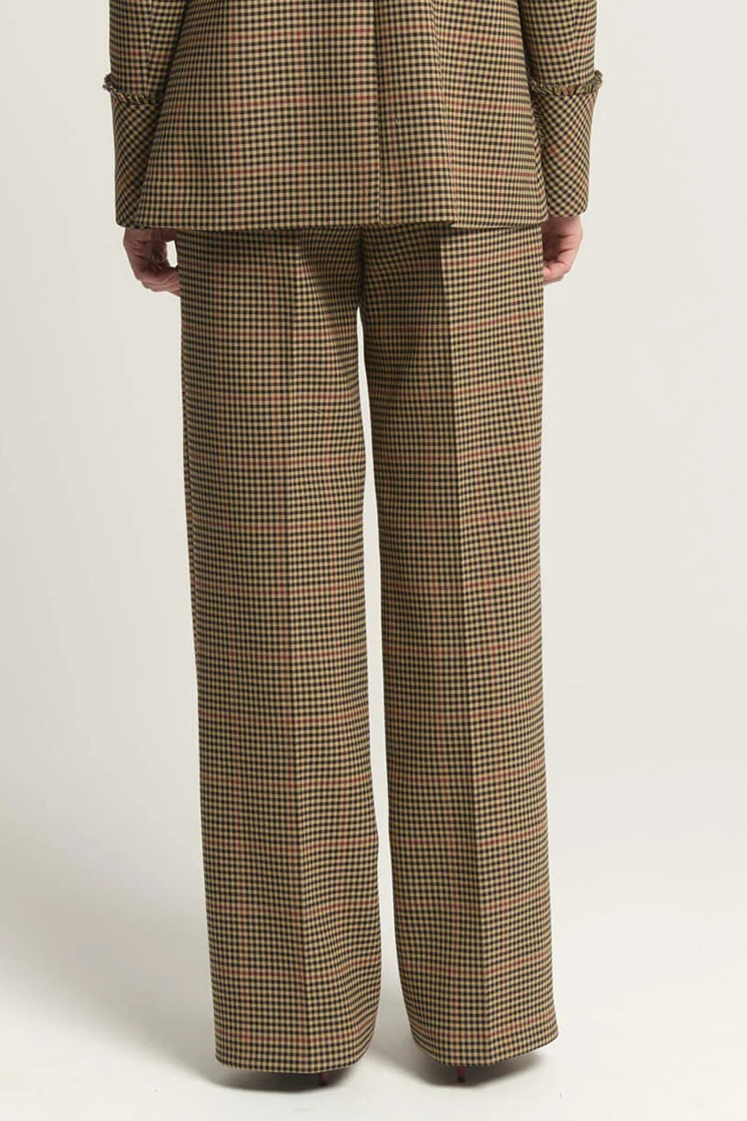 Beatrice B Brown Plaid Check Trousers 1158, back view showing the straight leg and pressed crease