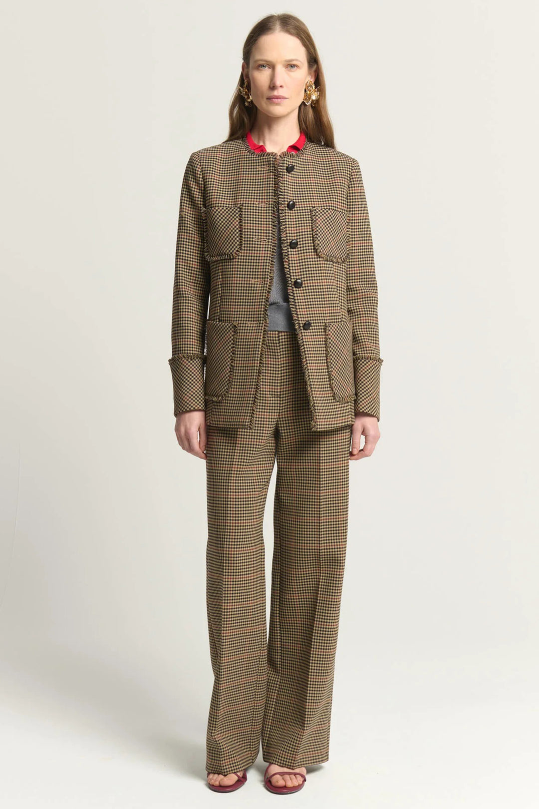 Beatrice B Brown Plaid Check Trousers 1158, full length front view styled with the matching check jacket