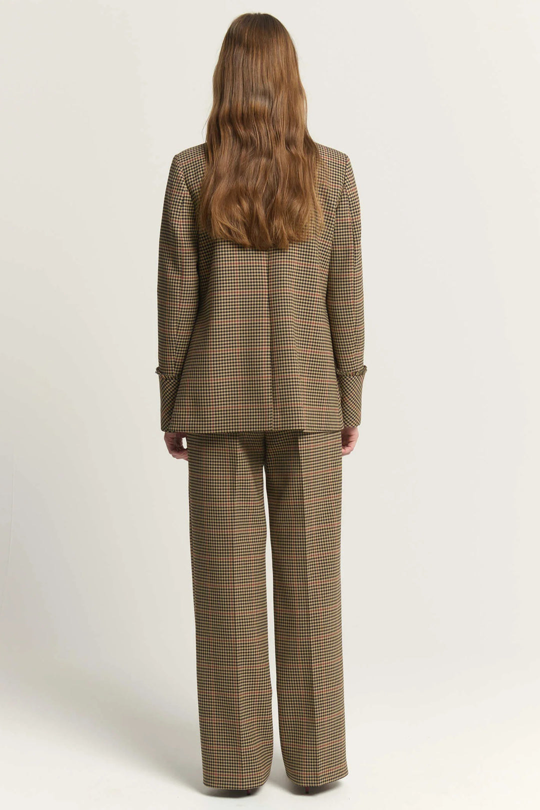Beatrice B Brown Plaid Check Trousers 1158, full length back view styled with the matching jacket