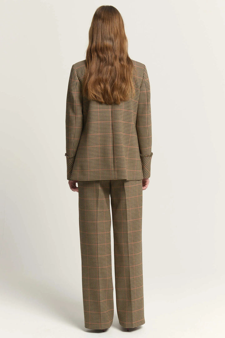 Beatrice B Brown Plaid Check Trousers 1158, full length back view styled with the matching jacket