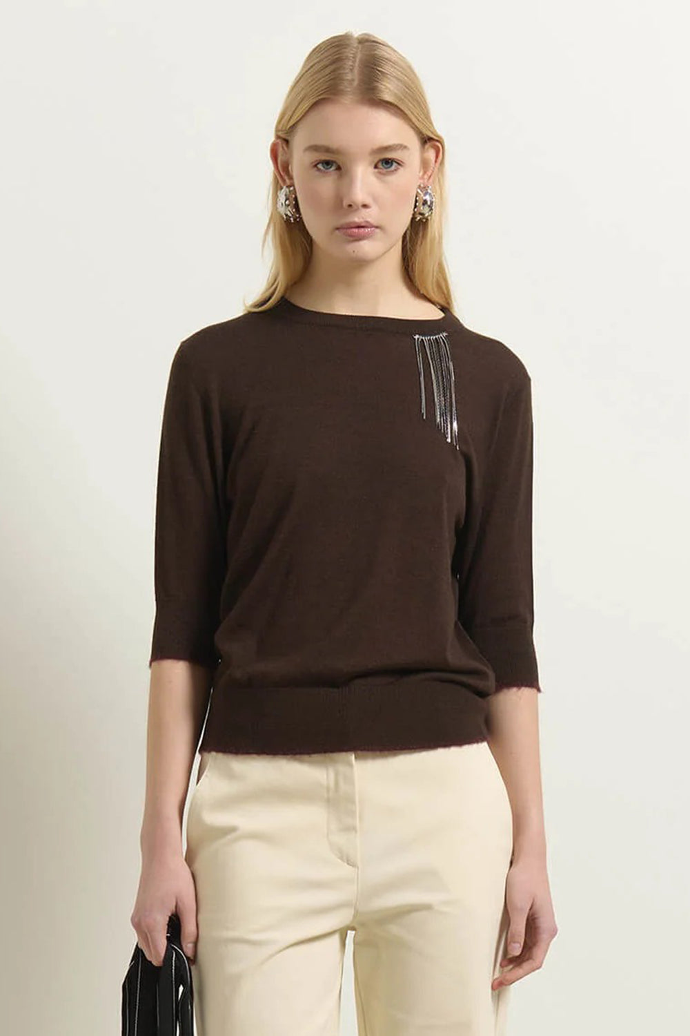 Beatrice B Brown Short Sleeve Jumper 8736, front view showing the silver chain fringe at the neckline