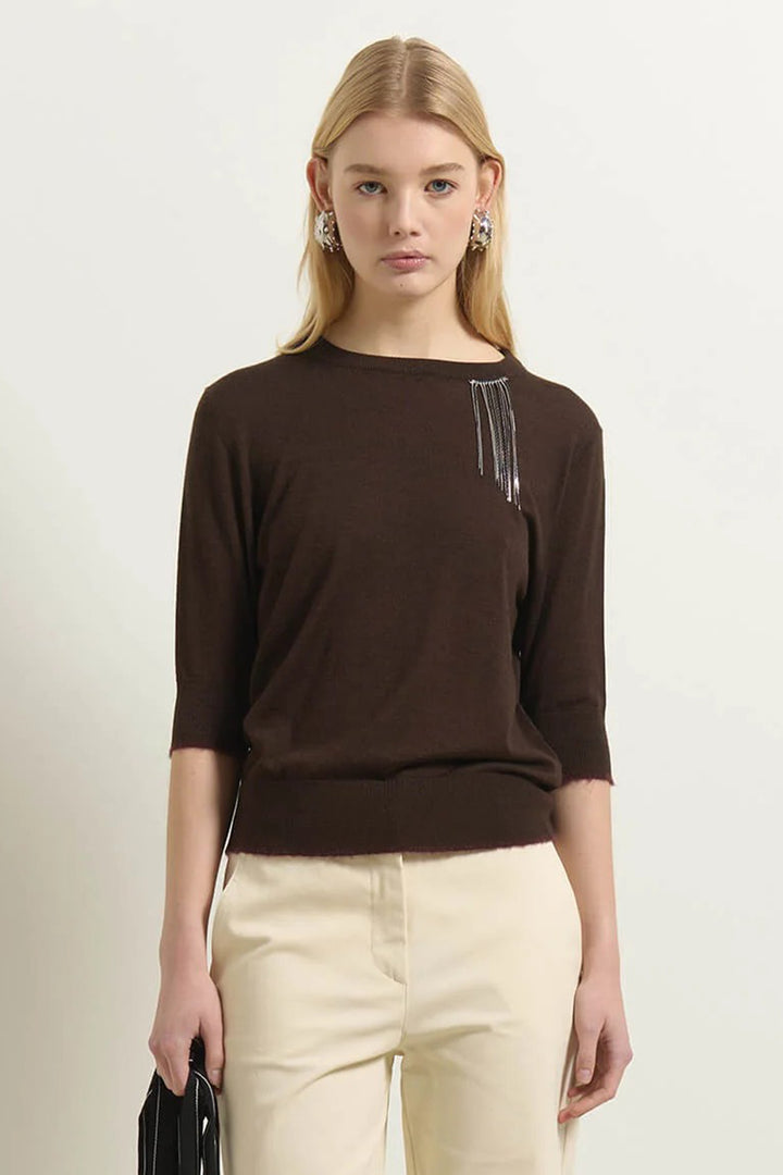 Beatrice B Brown Short Sleeve Jumper 8736, front view showing the silver chain fringe at the neckline