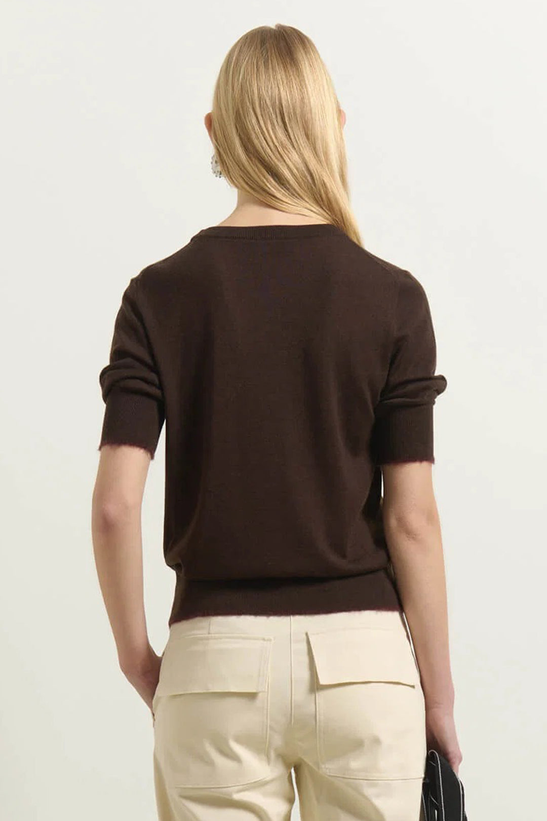 Beatrice B Brown Short Sleeve Jumper 8736, back view showing the ribbed hem and turned cuffs