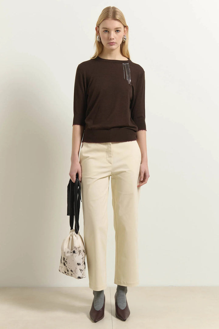 Beatrice B Brown Short Sleeve Jumper 8736, full length front view styled with cream trousers