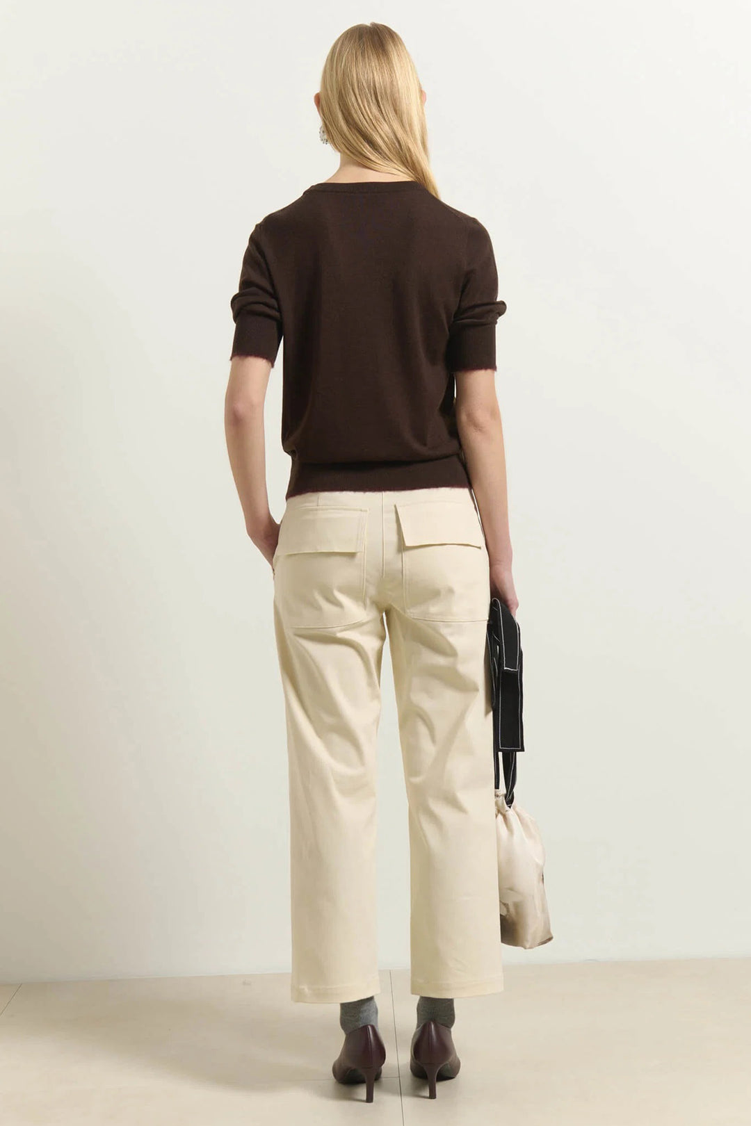 Beatrice B Brown Short Sleeve Jumper 8736, full length back view styled with cream trousers