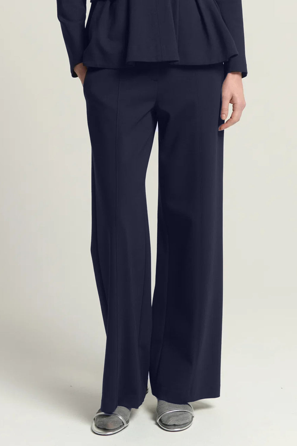 Beatrice B Dark Blue Wide Leg Trousers 1147, front view showing the pressed crease and wide leg