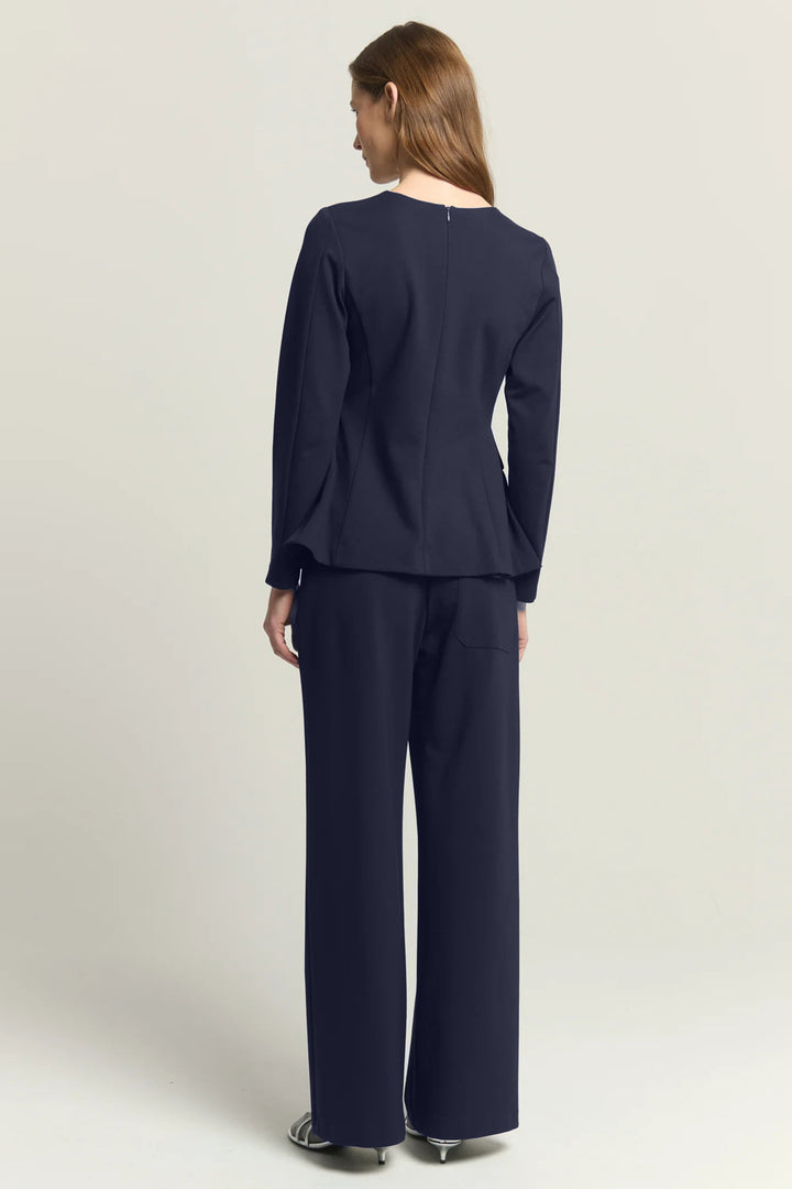 Beatrice B Dark Blue Wide Leg Trousers 1147, full length back view styled with the matching navy top