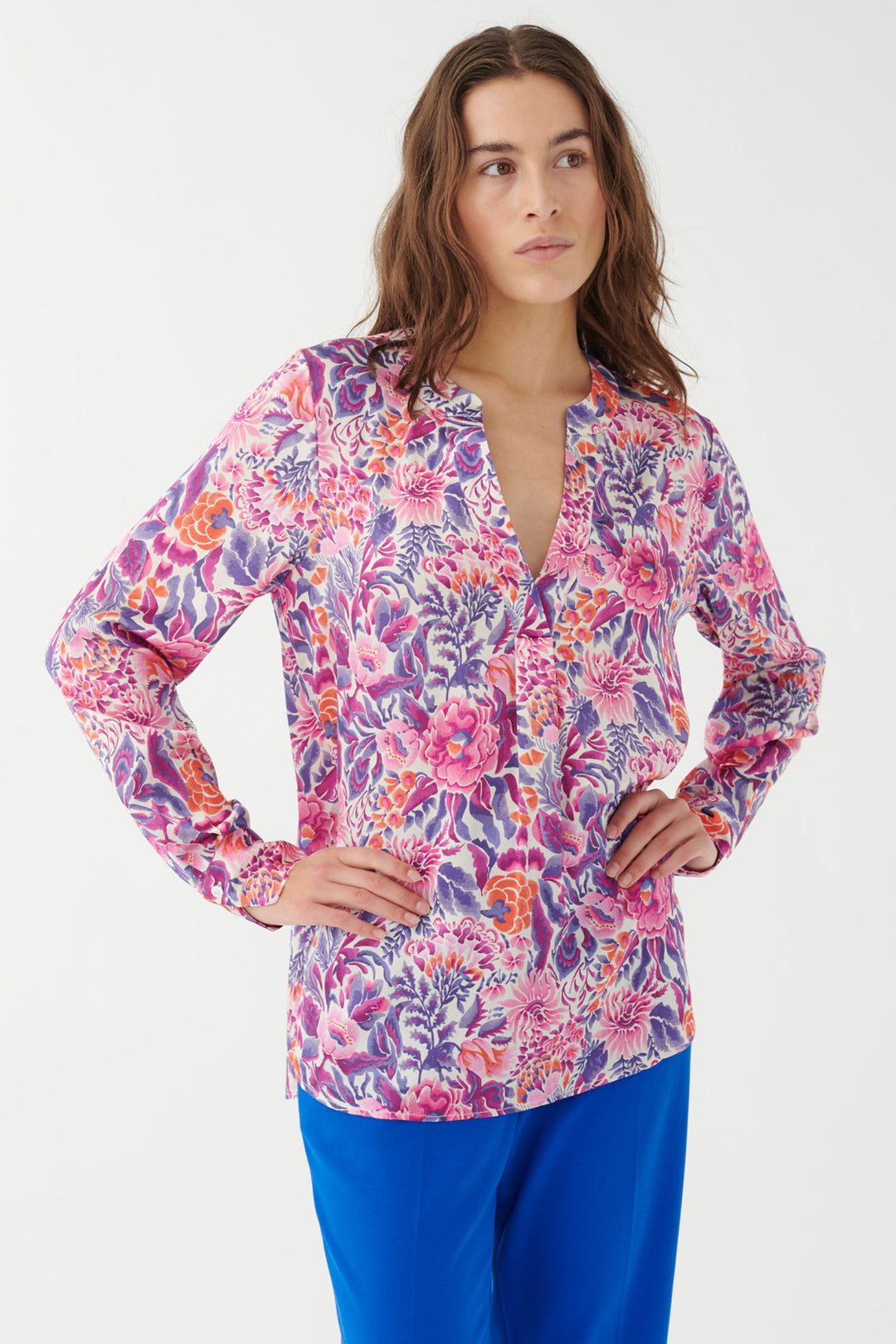 Dea Kudibal 0790124 Santenadea Silk Blouse Tehuana Villea Pink Blue - Lonah Boutique