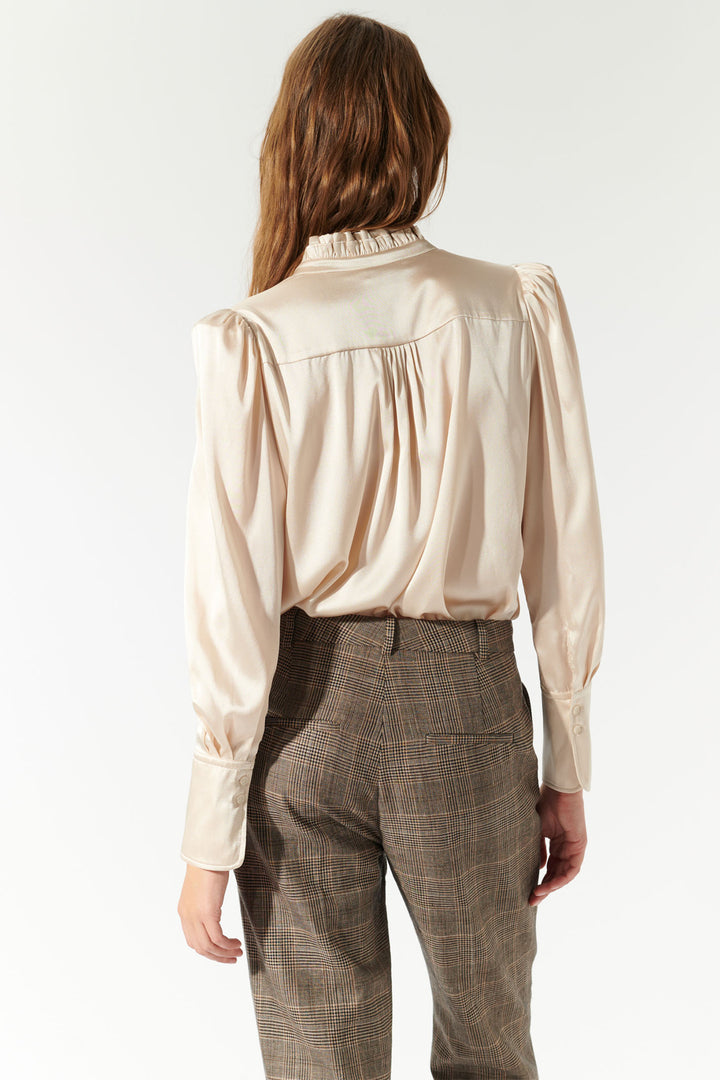 Dea Kudibal Stretch Silk Blouse Robertadea Ruffle Neck Champagne 1921024 - Lonah Boutique