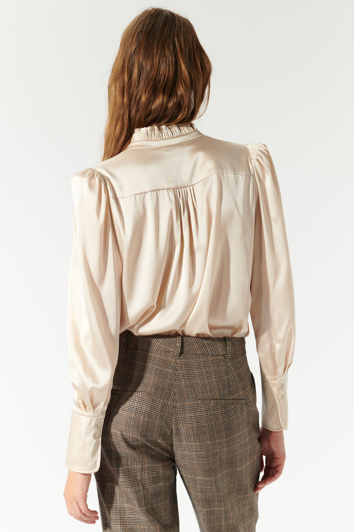 Dea Kudibal Stretch Silk Blouse Robertadea Ruffle Neck Champagne 1921024 - Lonah Boutique