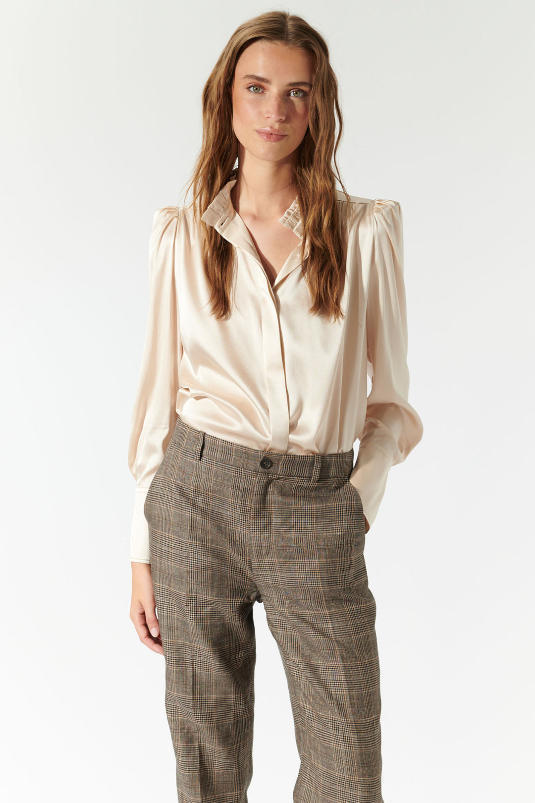 Dea Kudibal Stretch Silk Blouse Robertadea Ruffle Neck Champagne 1921024 - Lonah Boutique